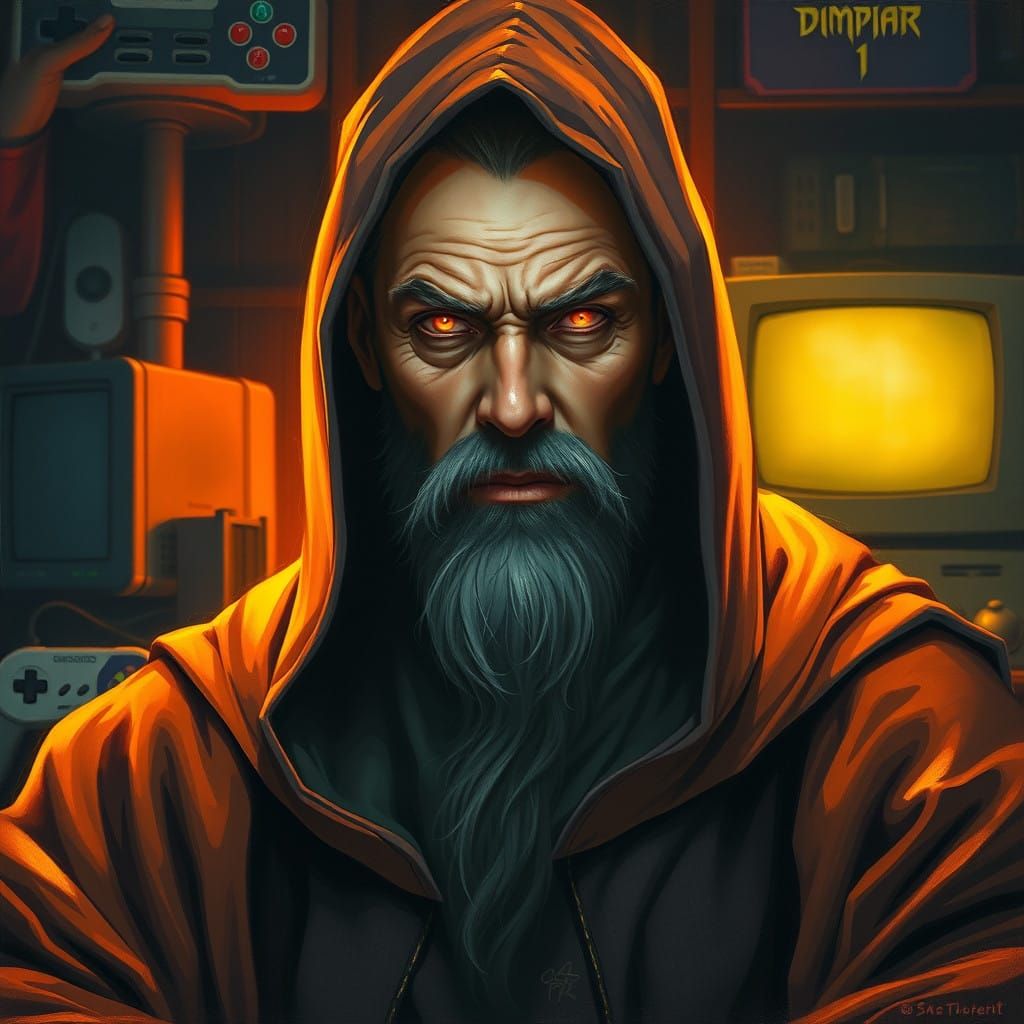 Mystical Wizard in Retro Gaming Chamber