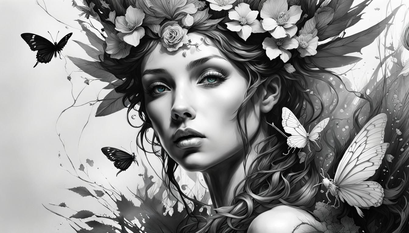 Nymph Fairy Black and White Inkblot Art