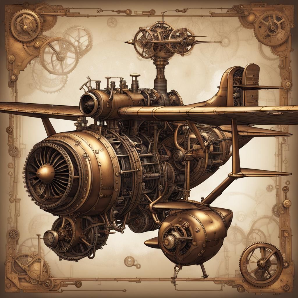Steampunk Plane with Visible Engine