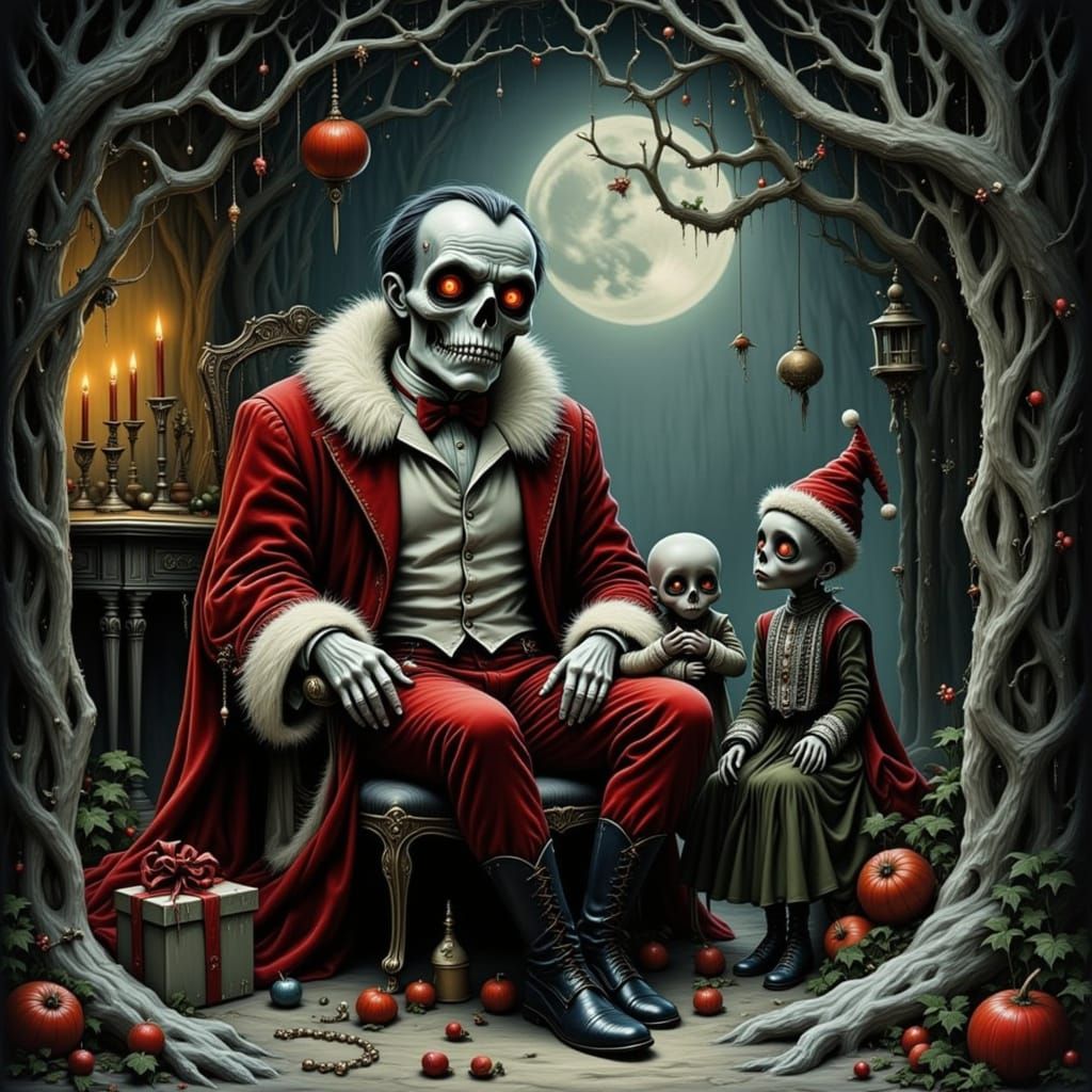 Macabre Vampire Santa in a Crypt with Baby Vampires