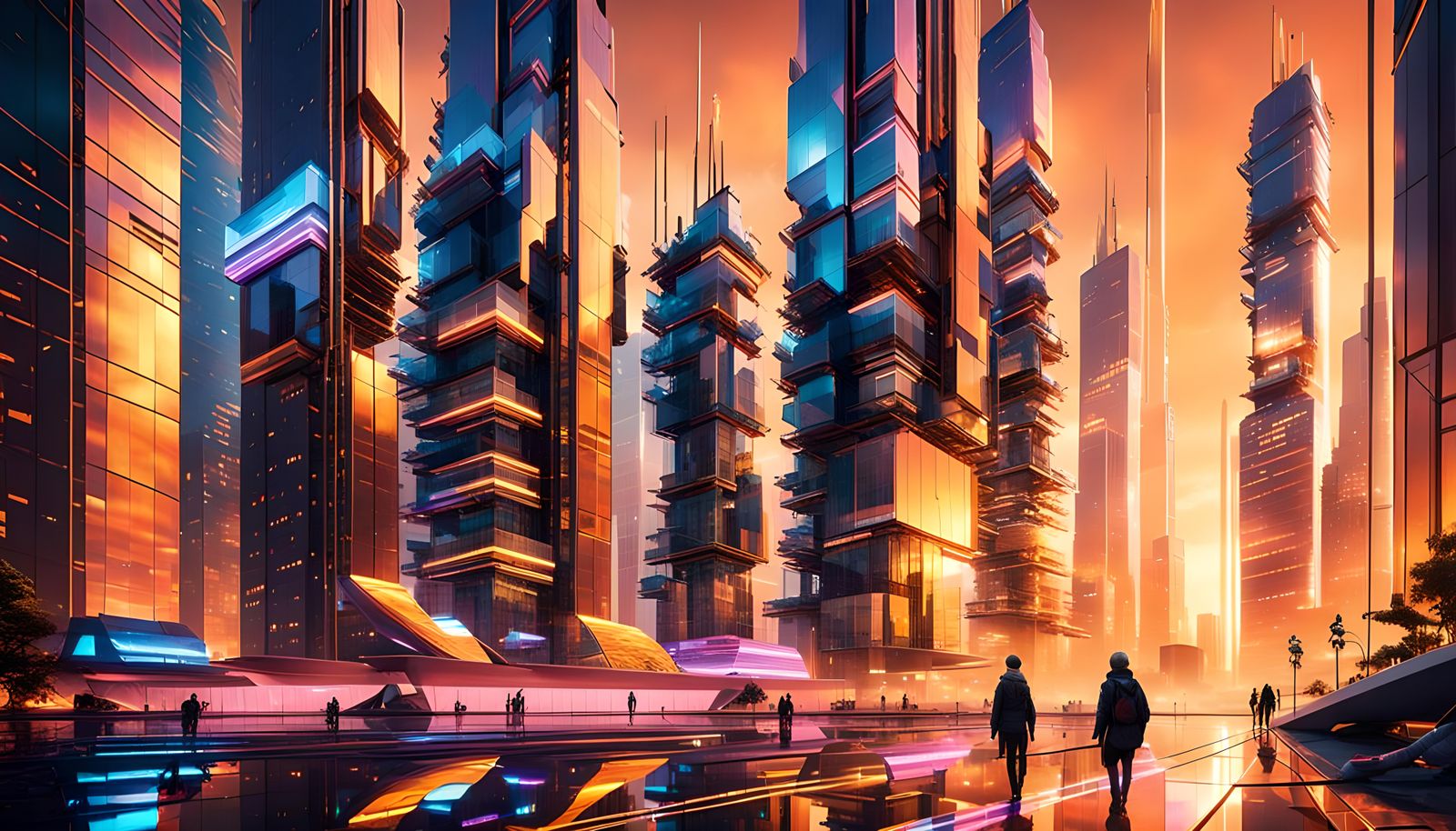 Aetheria Sunset: Futuristic Cityscape Reflections