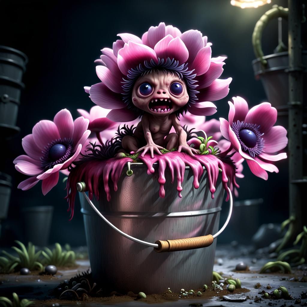 Chibi Zombie Anemone in Bucket, Dark Fantasy Art
