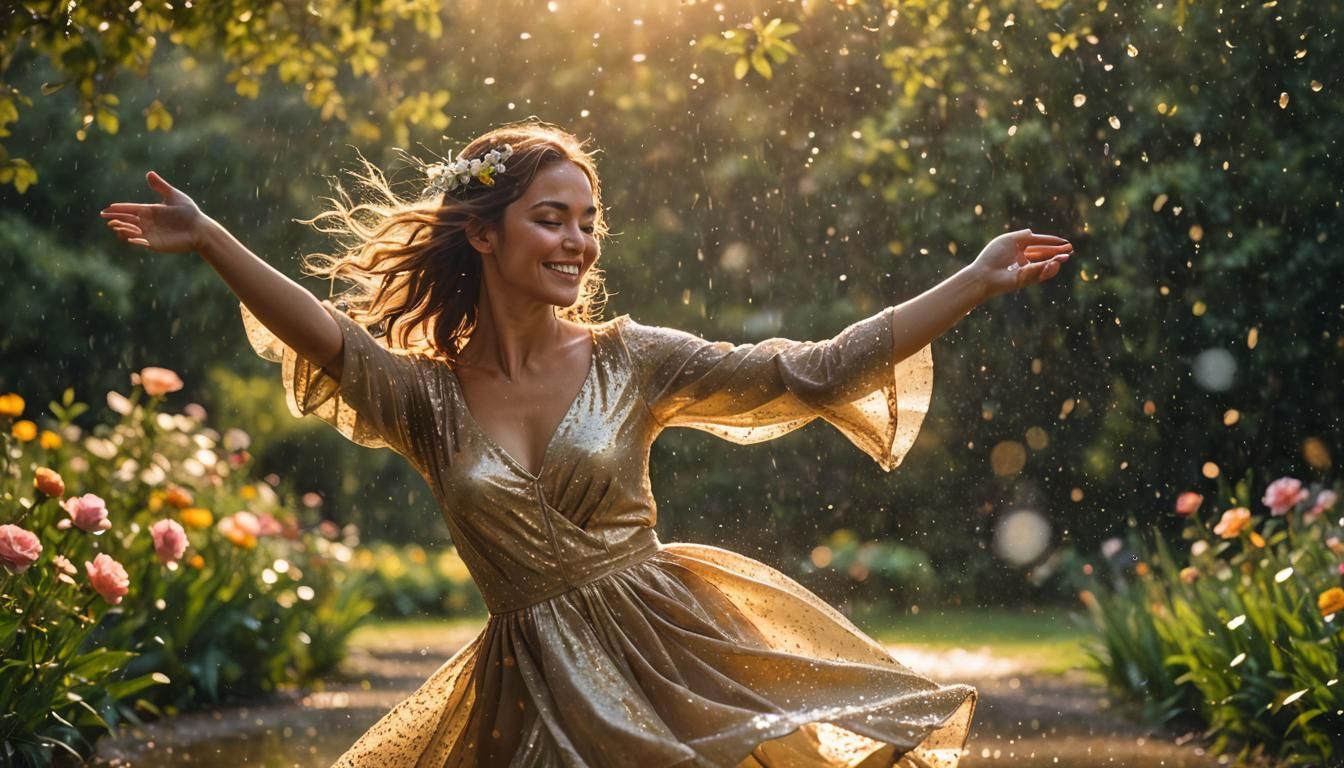 Joyful Woman Dancing in Rain, Impressionist Style