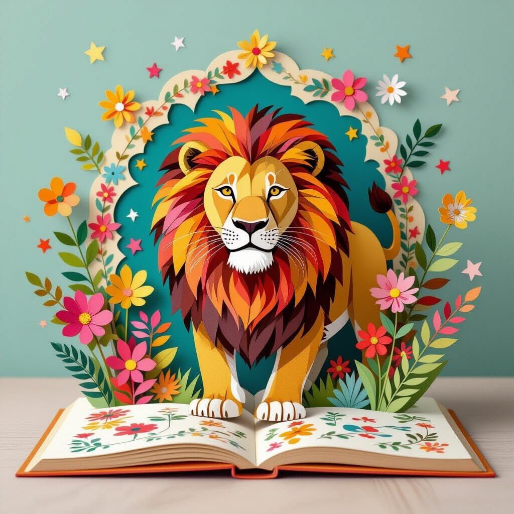 Lion Emerges from Pop-Up Book with Colorful Illustrations