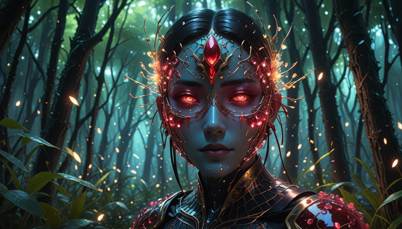 Glowing Crystal Mask in Luminous Forest