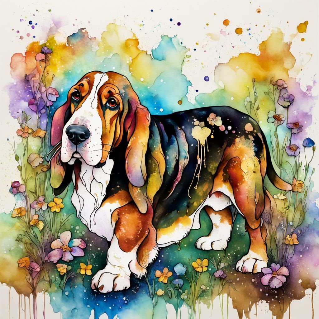 Colorful Basset Hound in Spring Garden, Impressionist Style