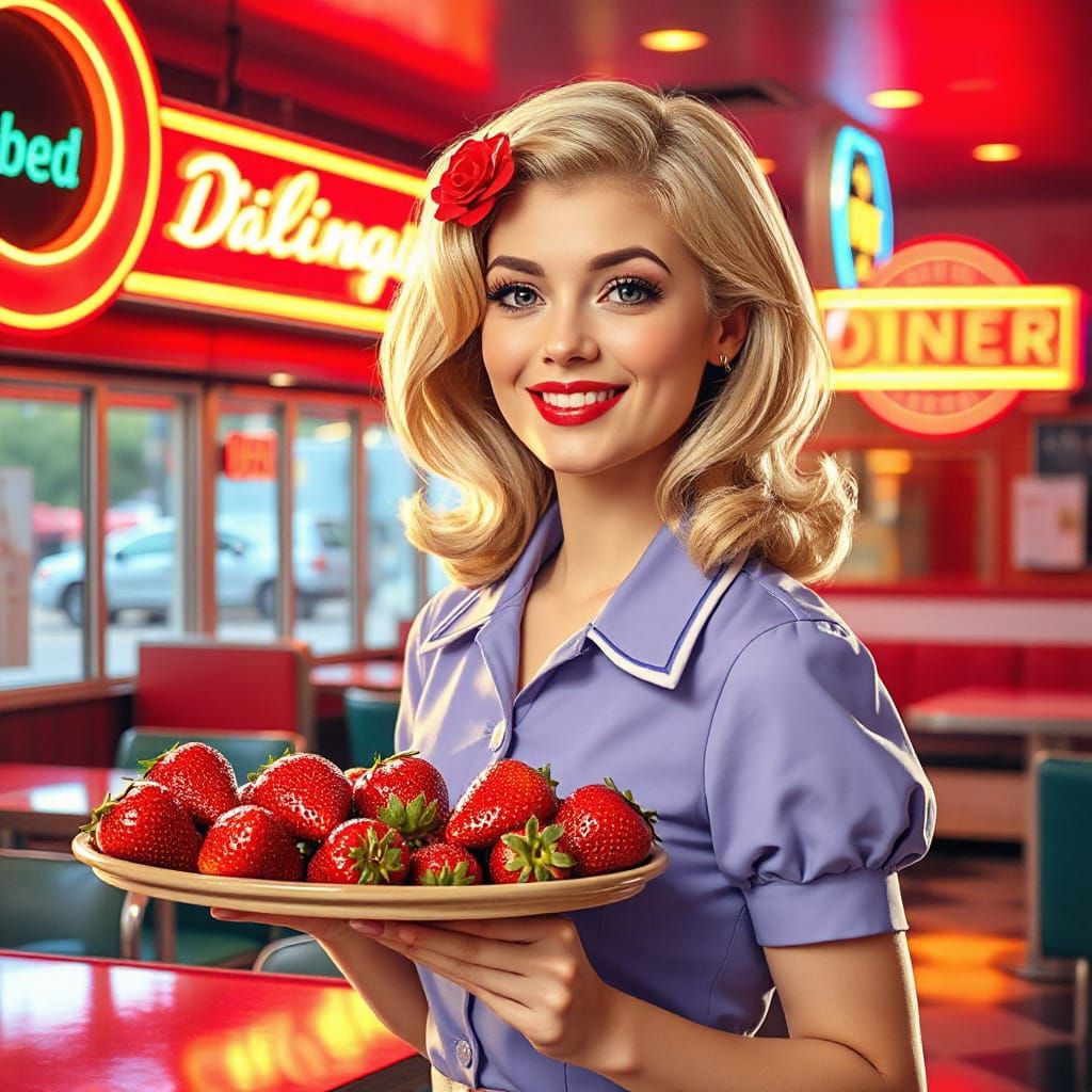 Retro Diner Waitress Winks with Giant Strawberries