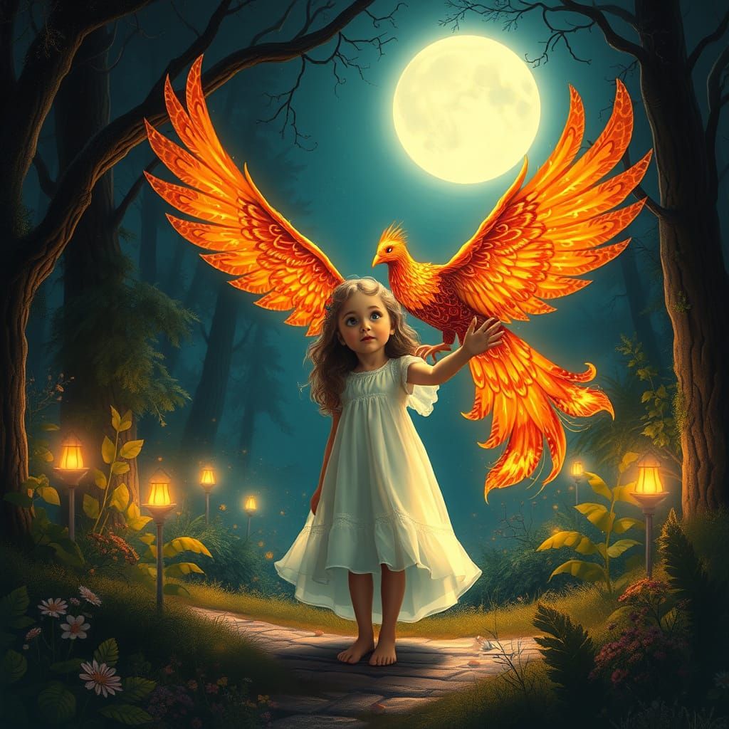Majestic Fire Bird Lands on Girl's Arm in Moonlit Whimsy