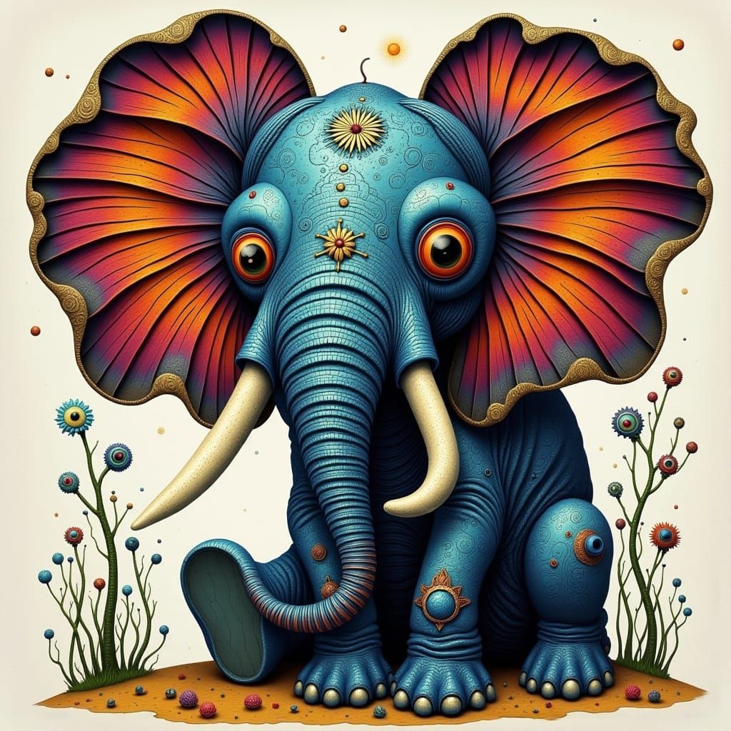 Whimsical Pointillist Robot Elephant with Vibrant Triadic Co...