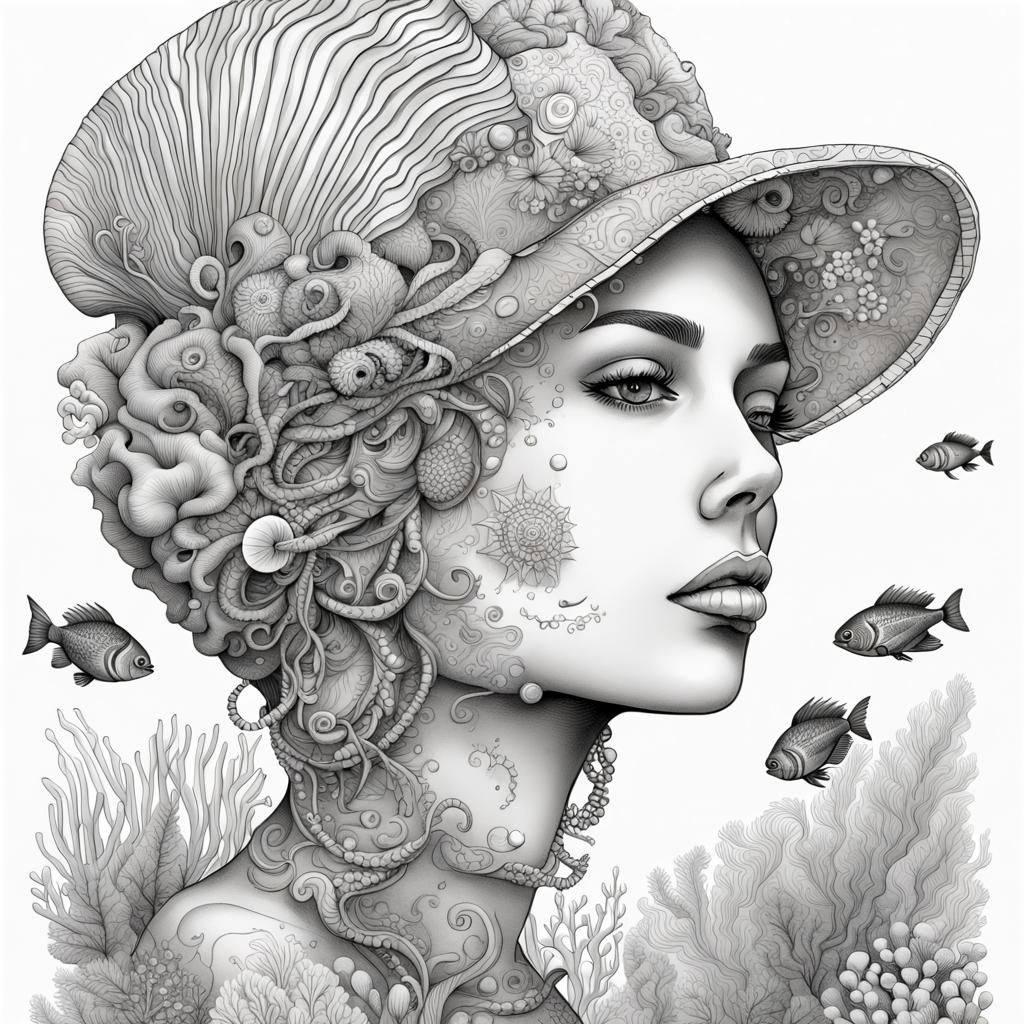 Surreal Girl with Shell-Phone: Contemporary Line Art