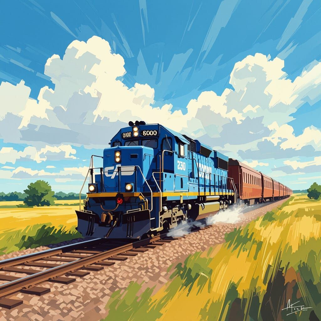 Sky Blue Conrail Train Speeding Through Sunny Landscape