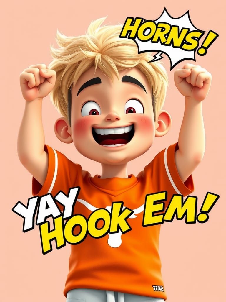 Enthusiastic 3D Cartoon Boy Celebrates Texas Longhorns