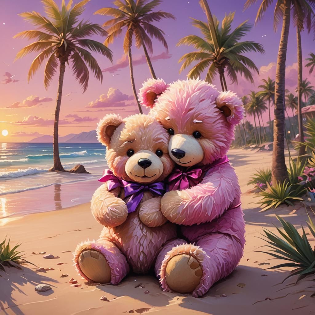 Pink Teddy Bears Hugging Santa: Whimsical Oil Painting
