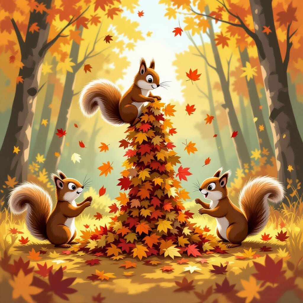 Mischievous Squirrels in Sun-Dappled Forest Clearing