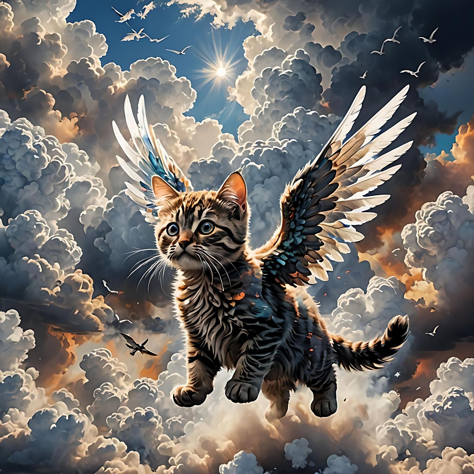 Cyberpunk-Style Divine Kitten Soars Through Vibrant Skies