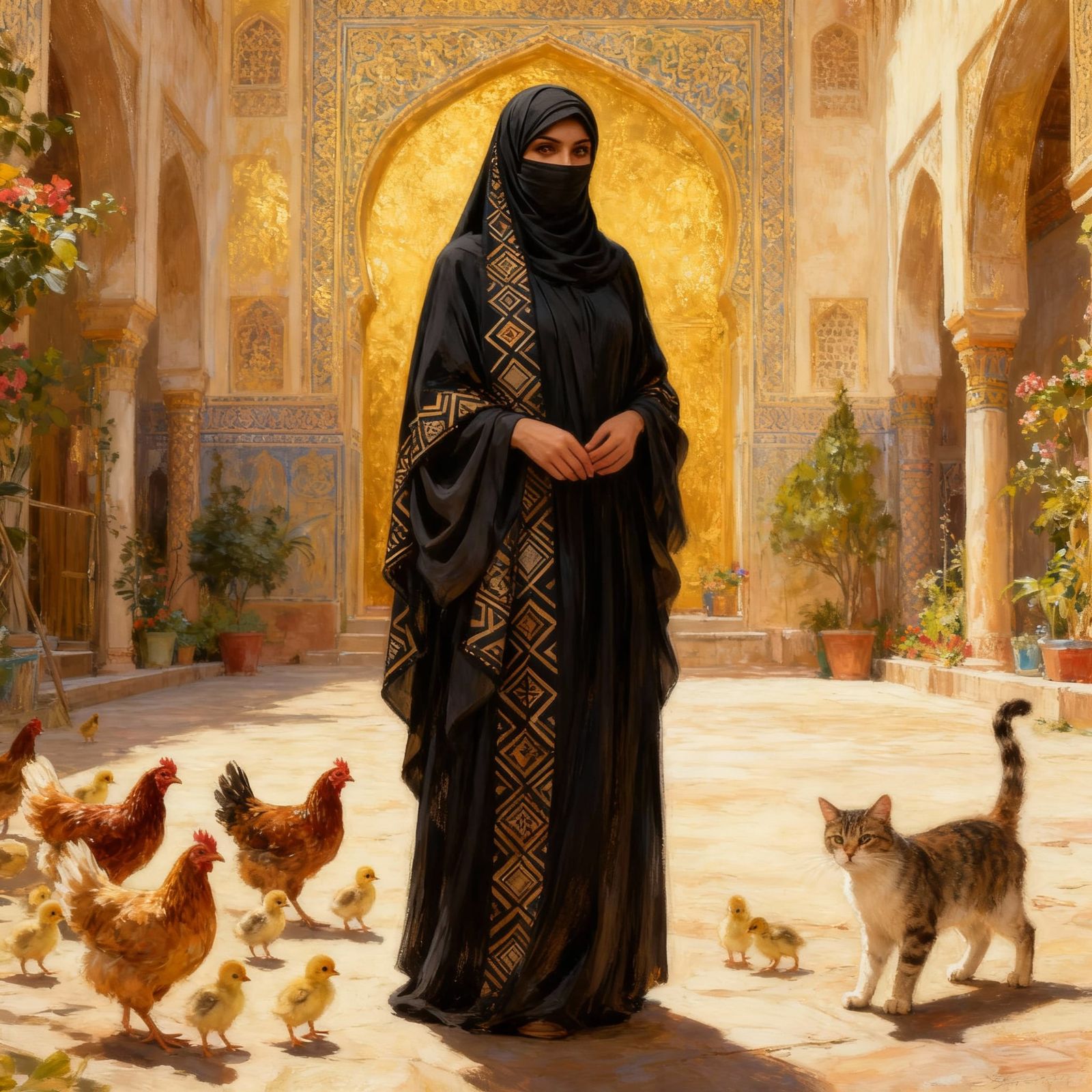 Muslim Woman in Courtyard with Animals, Islamic Art Style