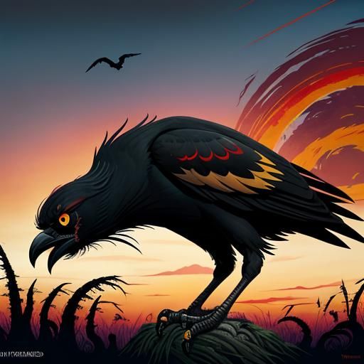 Surreal Crow Portrait with Red Moon