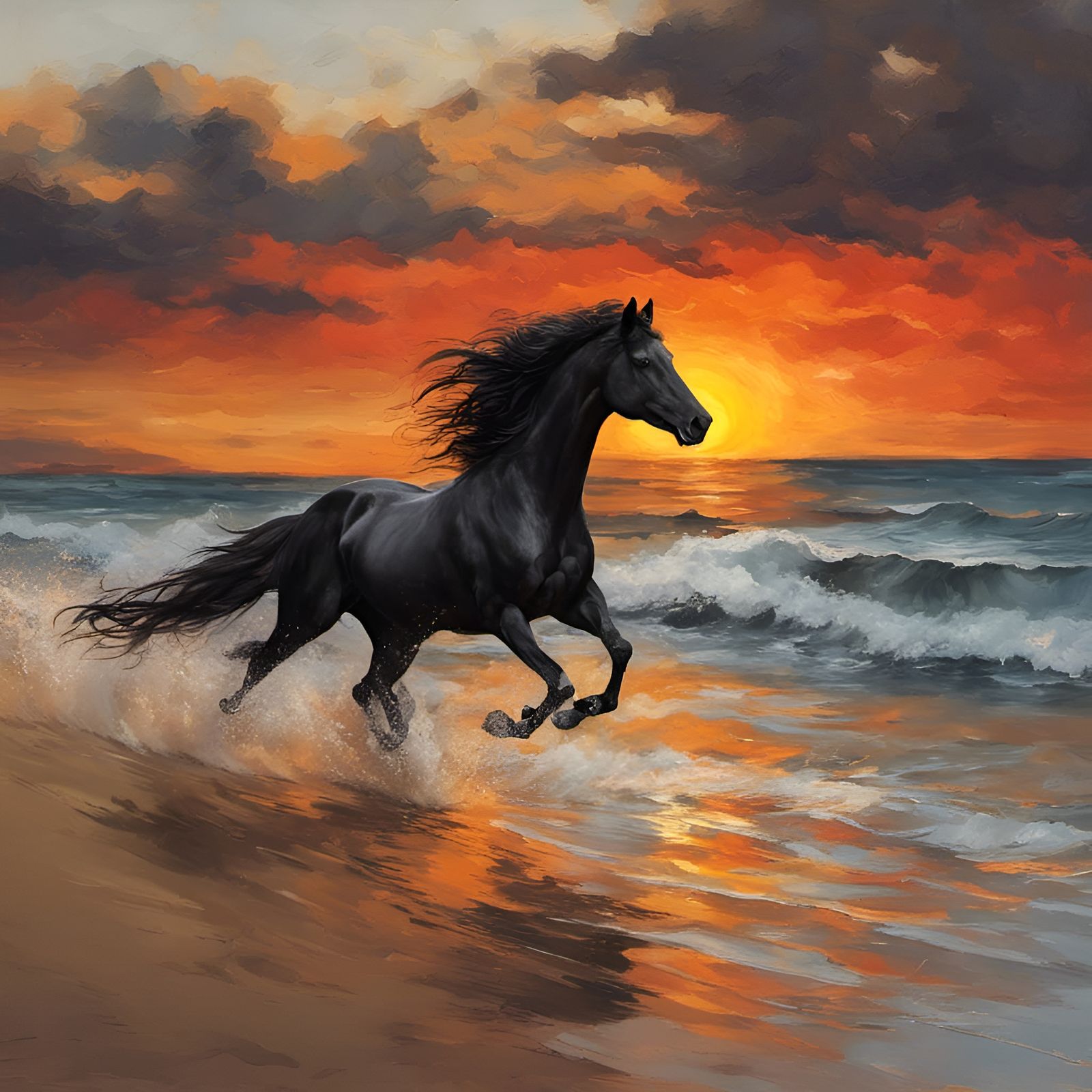 Black Stallion Galloping at Sunset Seashore