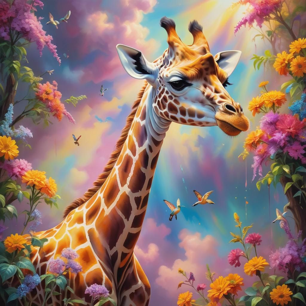 Hyper-Realistic Giraffe in Vibrant, Magical Forest