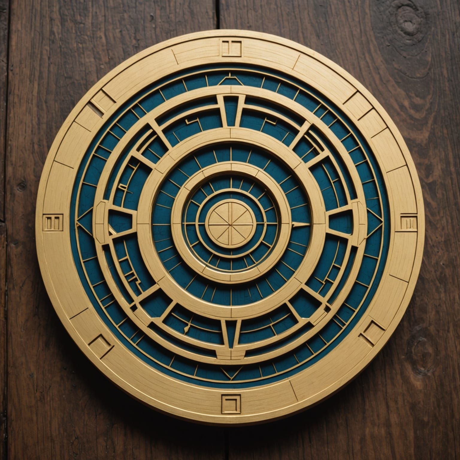 Futuristic Gold Coin Dye Cut on Wood in Minimalist Design