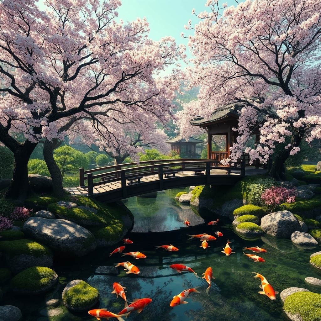 Ethereal Cherry Blossom Oasis with Koi Fish and Wooden Bridg...