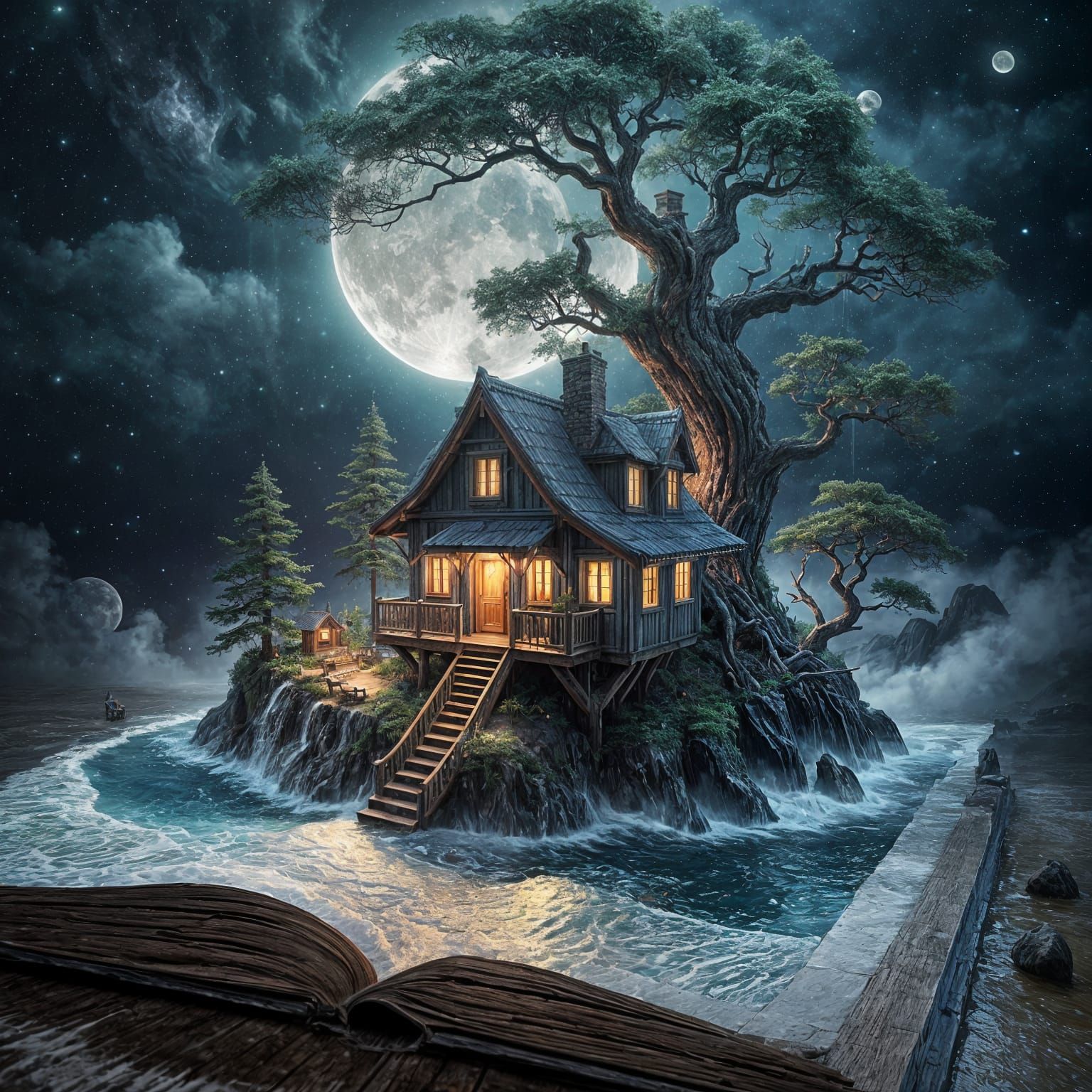 Ethereal Cottage Amidst a Stormy Sea and Celestial Wonders