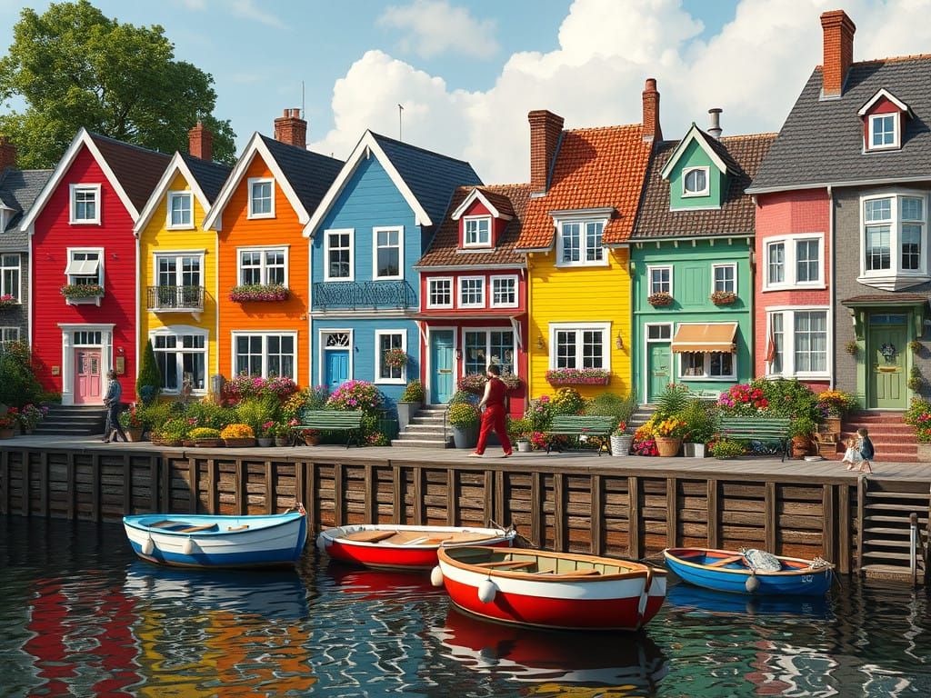 Vibrant Riverbank Village in Whimsical Style