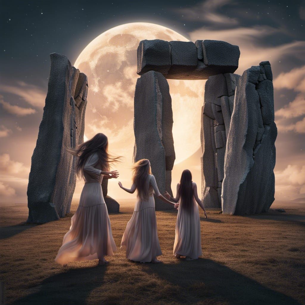 Women Dancing at Stonehenge Under Lunar Eclipse