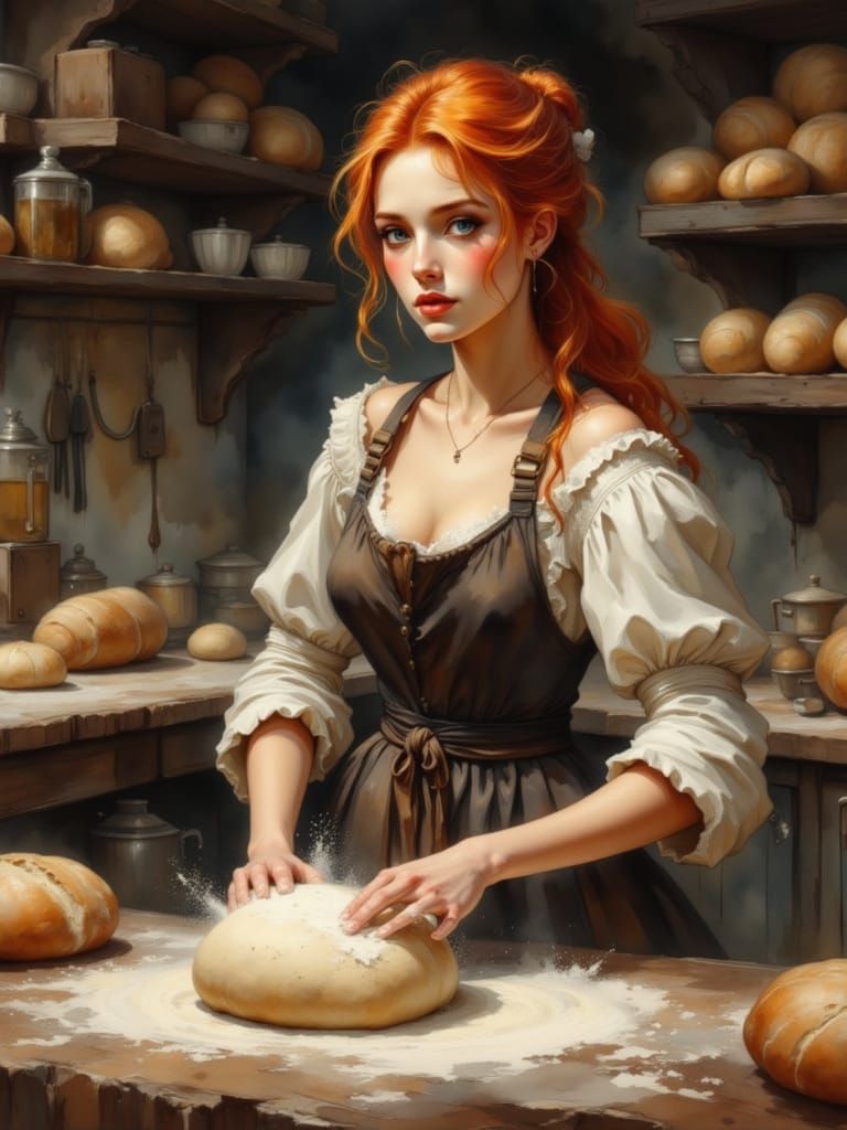Redhead Baker Kneading Dough in Watercolor Style