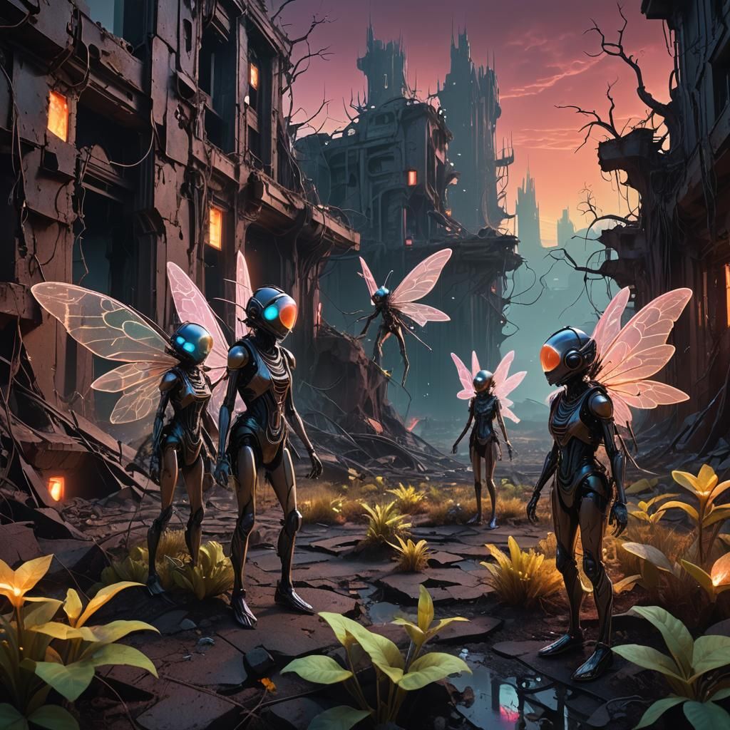 Cybernetic Fairies in Toxic Wasteland: Surreal Digital Art