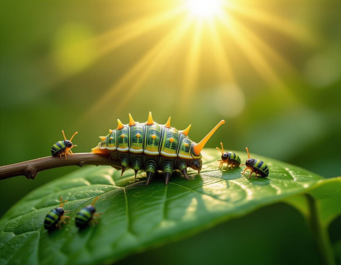Muscular Caterpillar Balances on Leaf in Anime Style