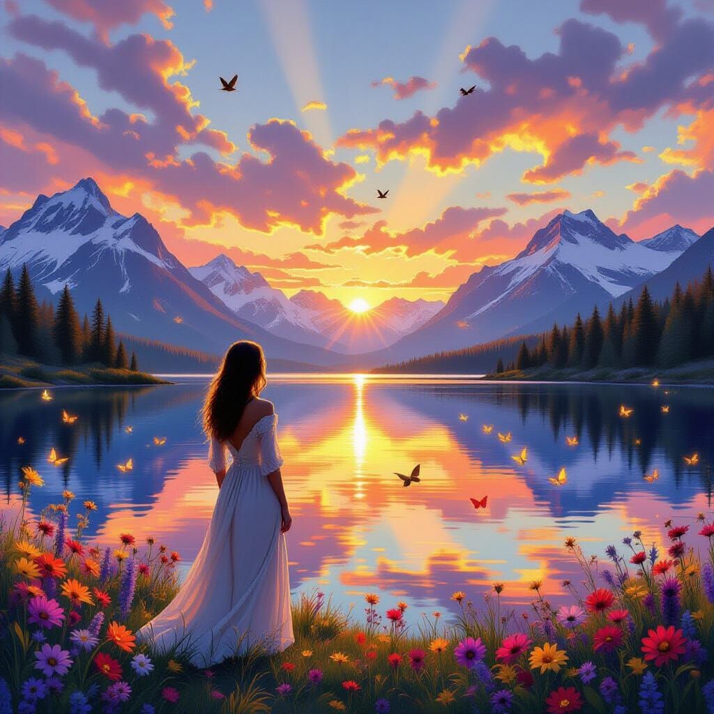 Golden Hour Serenity: Lake Reflection with Dreamlike Realism