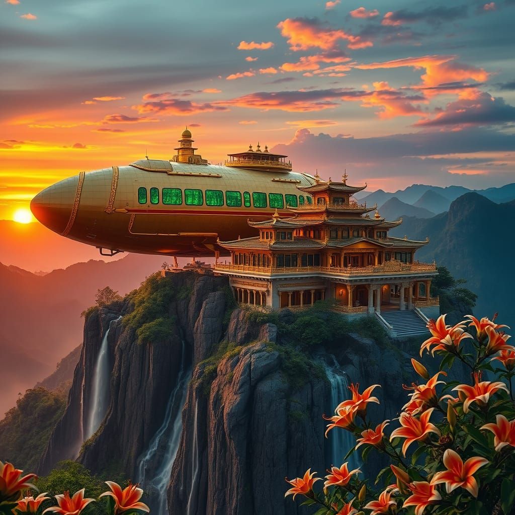 Golden Spaceship Over Asian Palace in Sunset