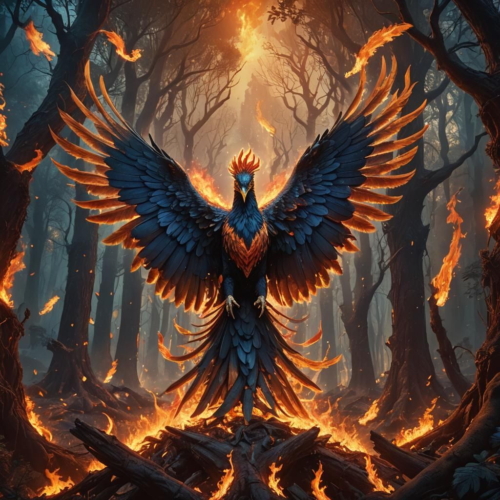 Phoenix Rising: A Fiery Fantasy Art Nouveau Scene