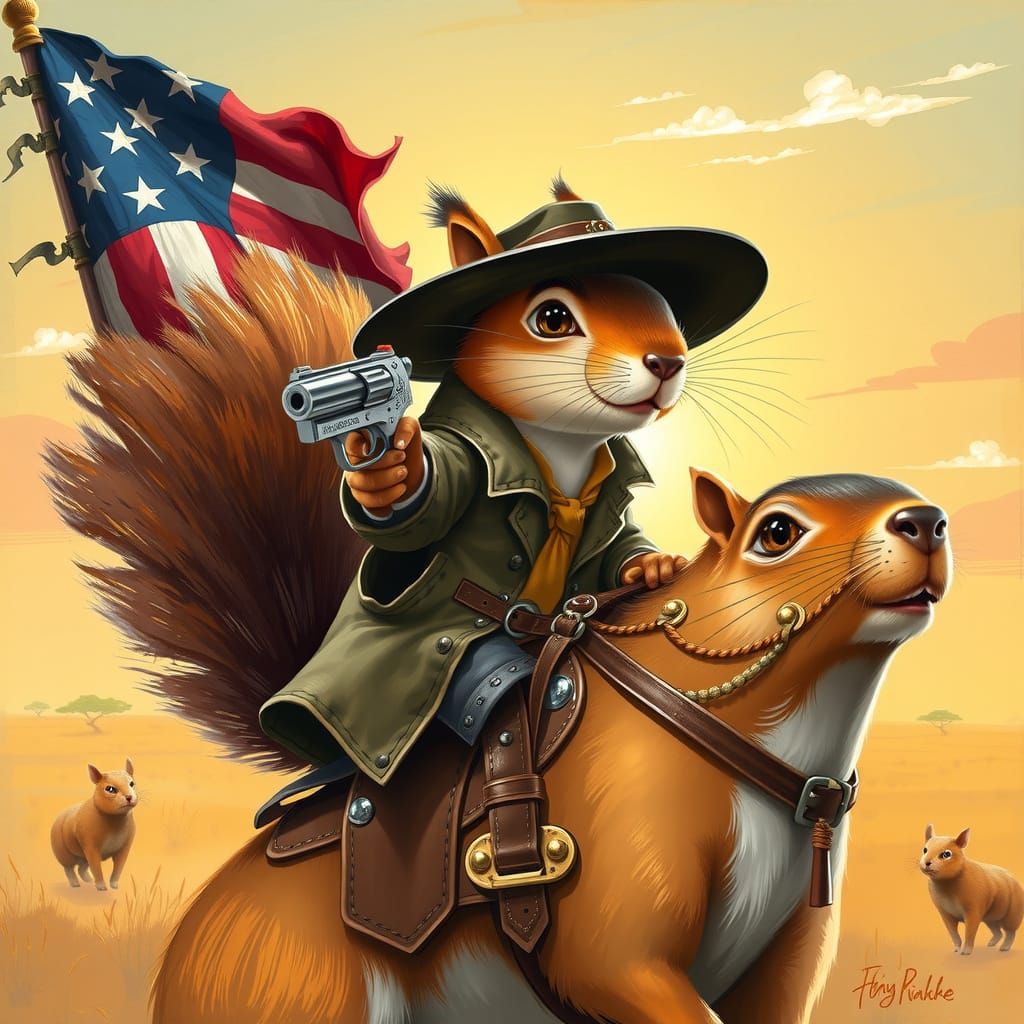 Whimsical Squirrel Rides Capybara in Sun-Drenched Savannah