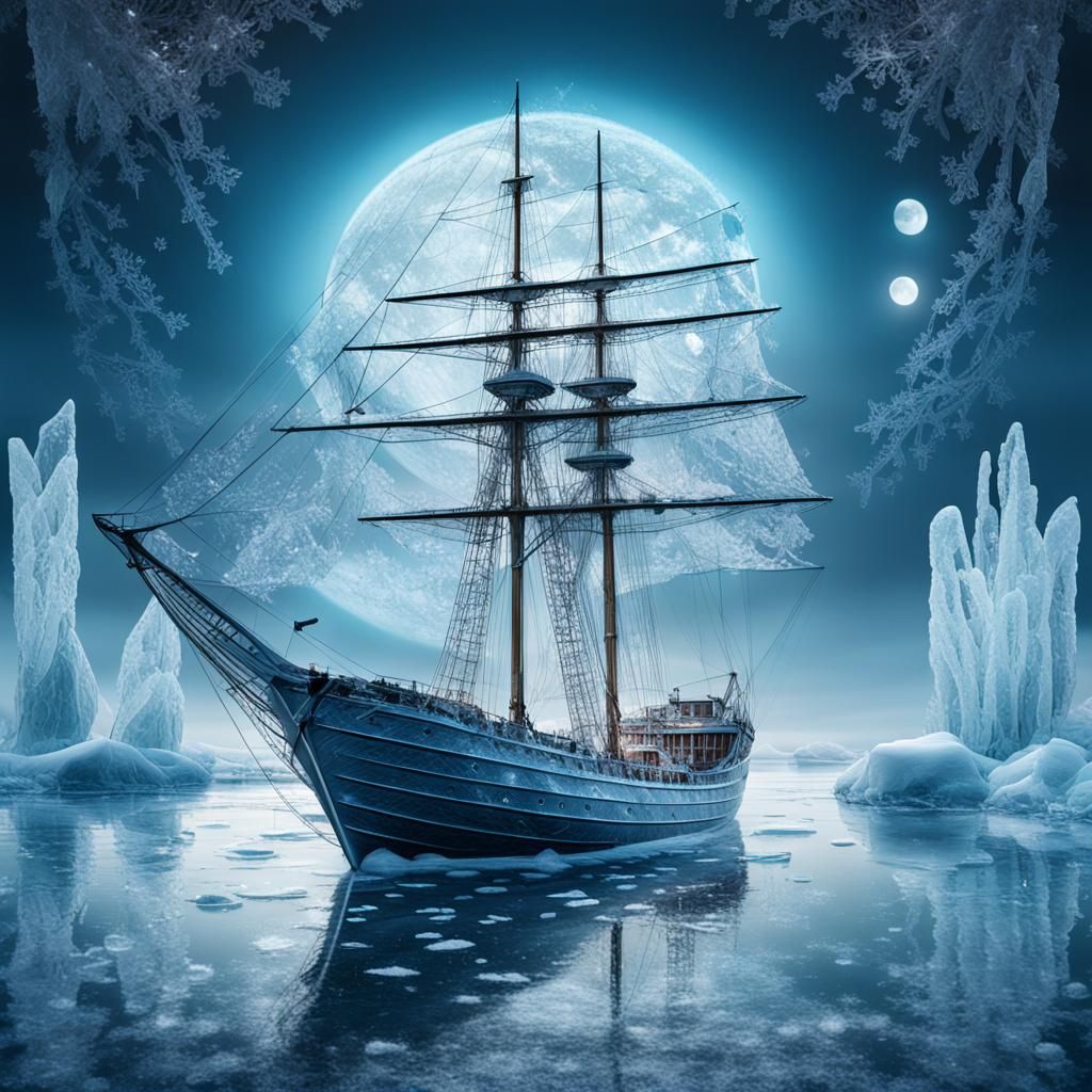 Icy Ship Sails Under Moon in Digital Art