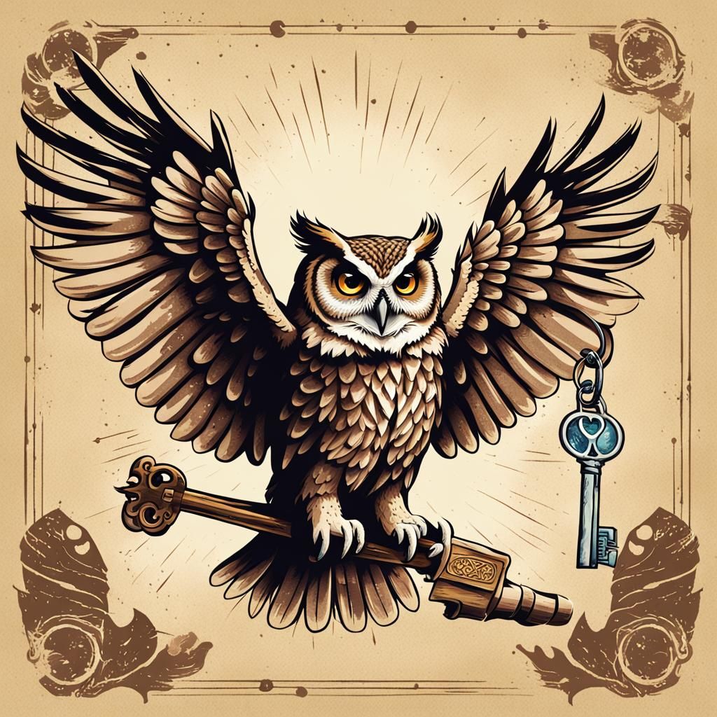illustration of an owl holding a key in both claws, flying Harry Potter style
