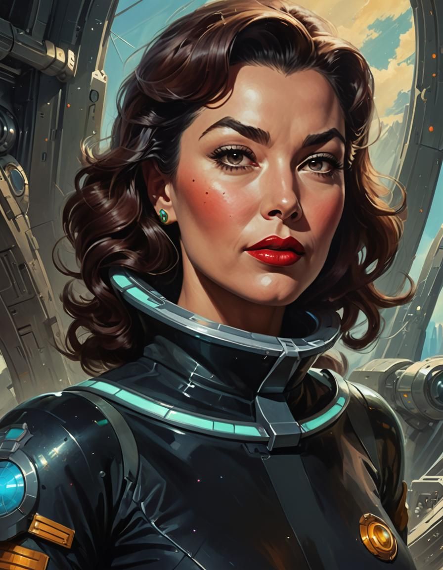 Sci-Fi Pinup in Space Opera Solarpunk Style