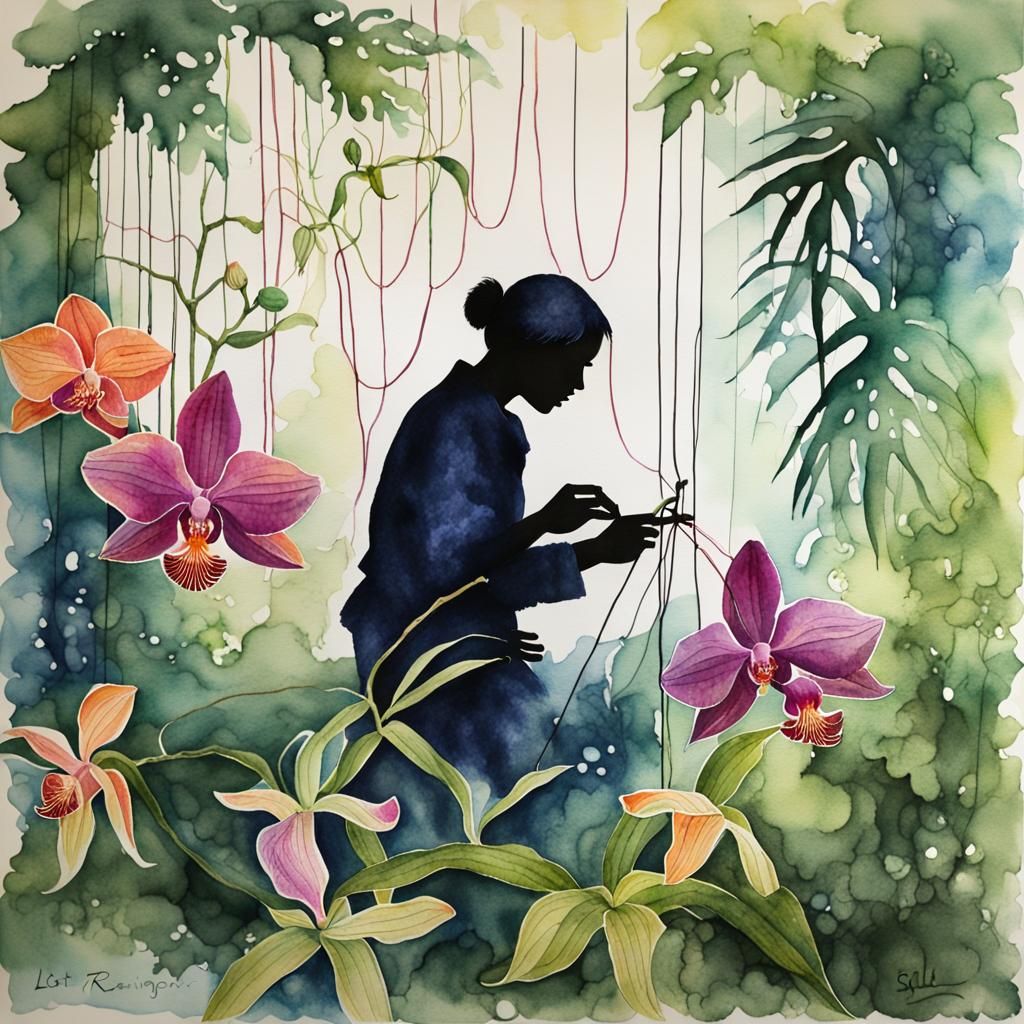 Rainforest Biologist Silhouette in Watercolor String Art