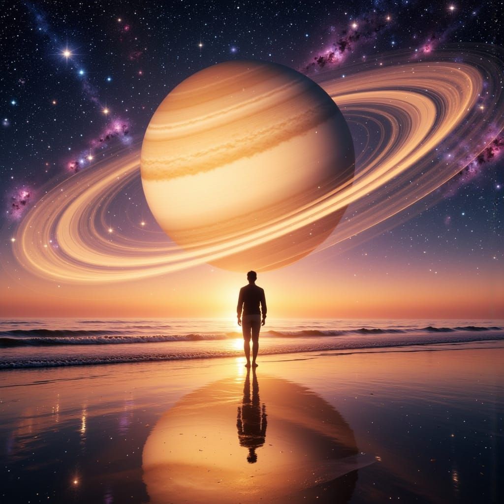 Saturn Hangs Over Surreal Twilight Beach