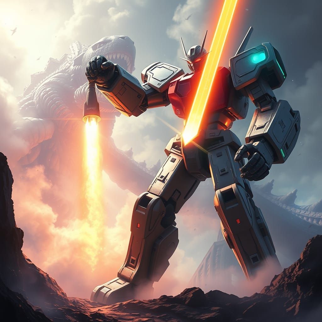 Giant Robot Battles Colossal Kaiju with Glowing Sword