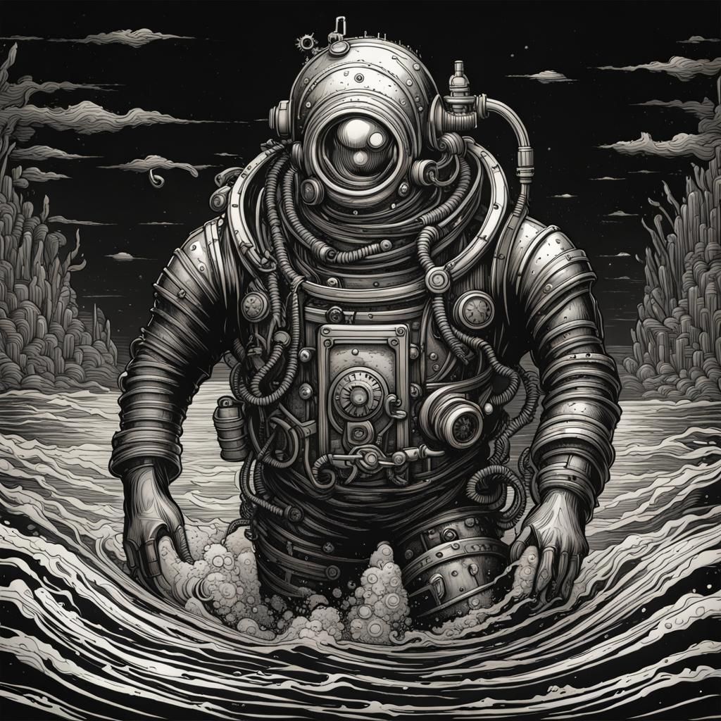 Steampunk Diver Emerges: Detailed Line Art