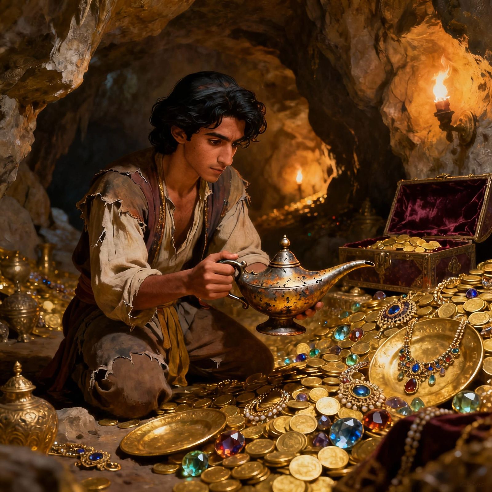 Aladdin Finds Magic Lamp Amidst Golden Treasures