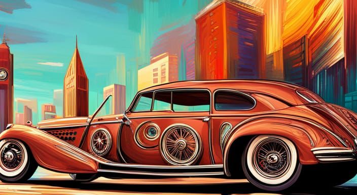 Hyperrealistic Car with Tribal Art in 60s City