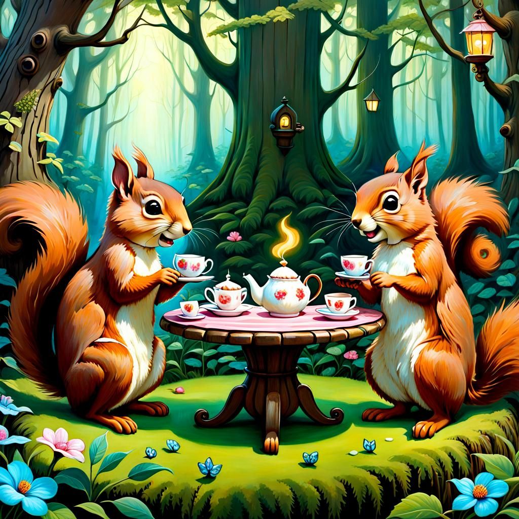 Squirrel's Whimsical Tea Party in Fairytale Forest