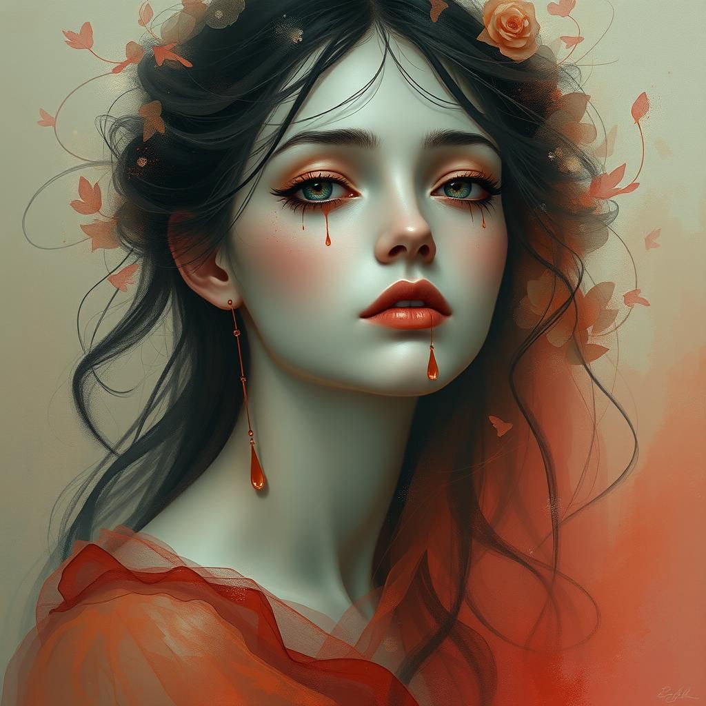 a surreal abstract portrait of a female, there are rose shap...