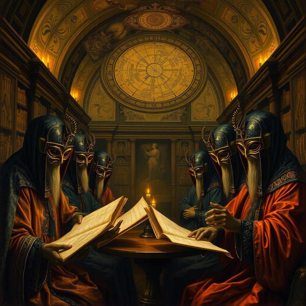 Masked Figures Debate in Grand Library: Oil Painting