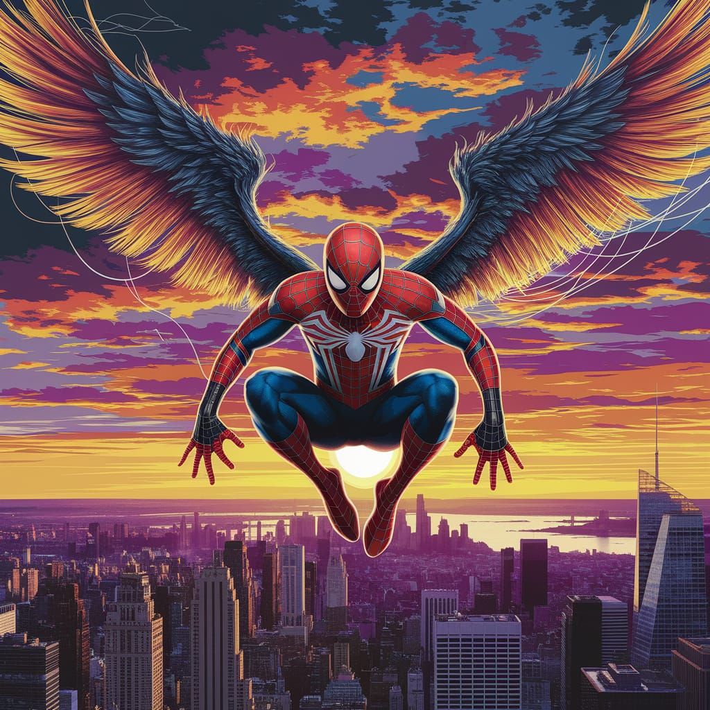 Spider-Man in Iron Spider Suit Soars Through Dramatic Sunset...