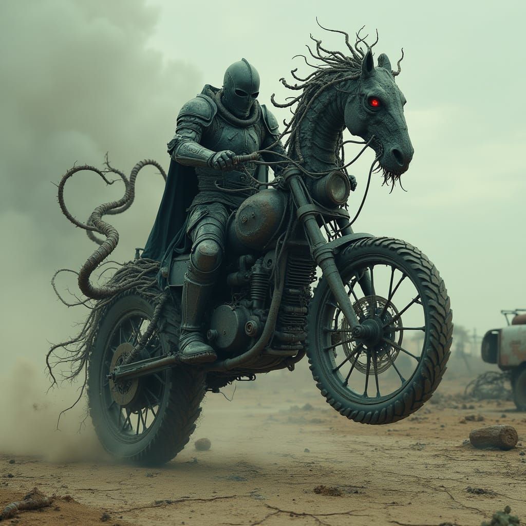 Skeletal Knight Rides Nightmare Motorcycle in Wasteland