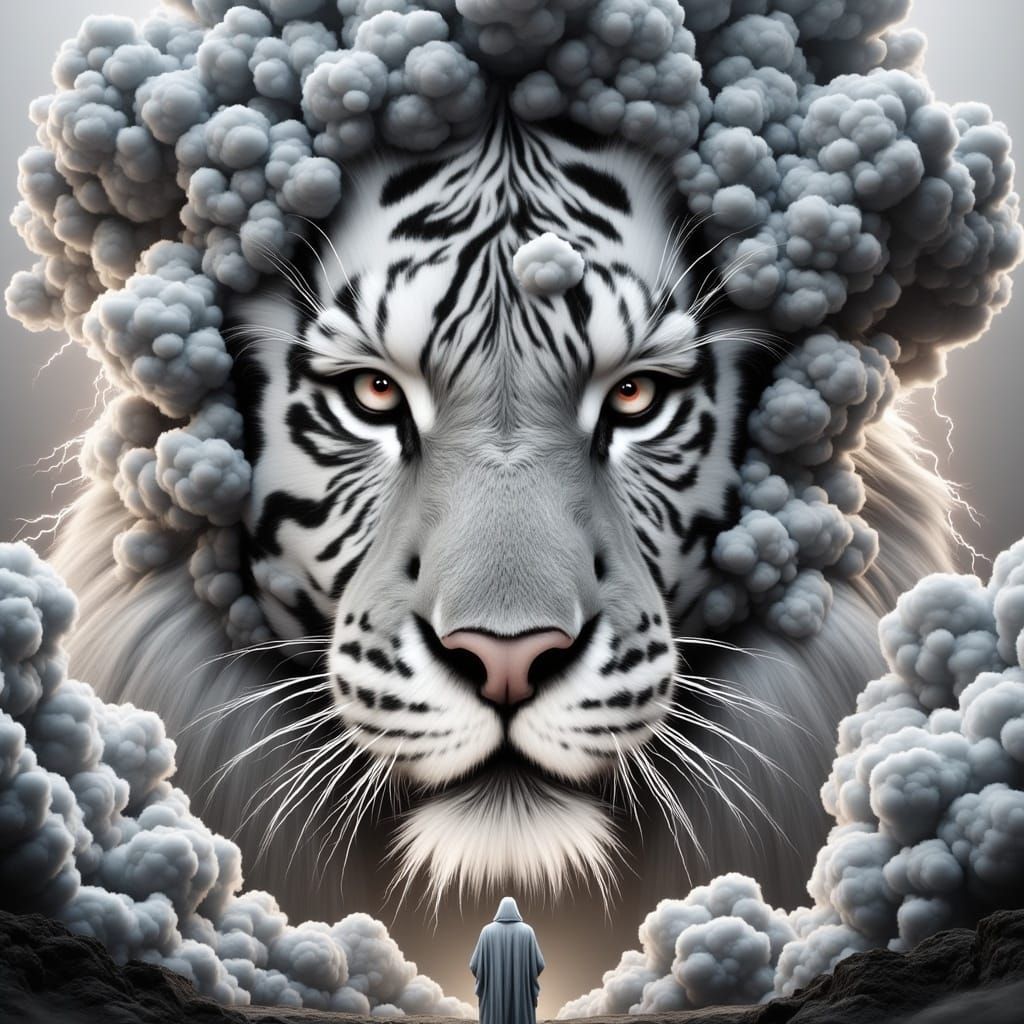 Knight and Albino Cloud Tiger in Dramatic Oil Painting